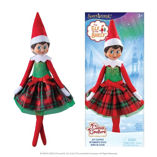 The Elf on the Shelf Claus Couture Gifts and Glamour Party Dress for Your Scout Elf - Includes Timeless Red and Green Plaid Party Dress with Sparkly Green Bodice