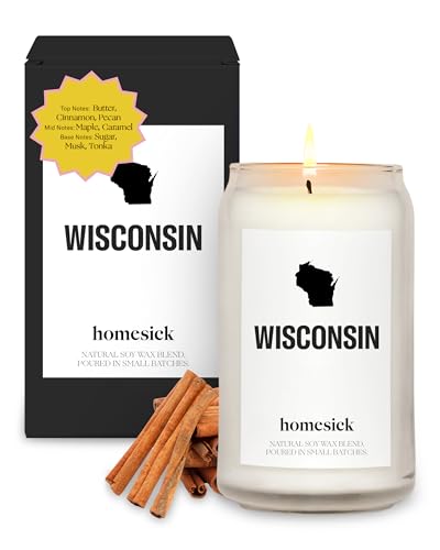 Homesick Scented Candles for Home (Wisconsin) - 13.75 oz Long-Lasting Soy Wax Jar Candle for Women & Men for All Occasions, 60-80 Hours Burn Time - Notes of Butter, Maple & Cranberry