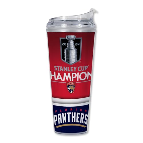 Rico Industries NHL Hockey Florida Panthers 2024 Stanley Cup Champions 24oz Acrylic Tumbler with Hinged Lid, Officially Licensed Double Wall Tumbler with Straw