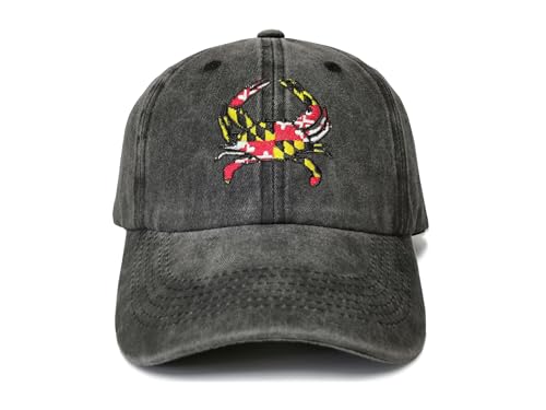 Shenbors Maryland State Flag Crab Shaped Hat for Kids Women Men, Washed Black Embroidered Adjustable Trucker Hat Cotton Embroidery Dad Hat