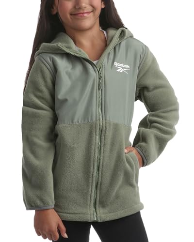 Reebok Girls' Fleece Jacket - Polar Fleece Hoodie Sweatshirt Jacket - Lightweight Coat for Girls (4-16), Size 10-12, Sage