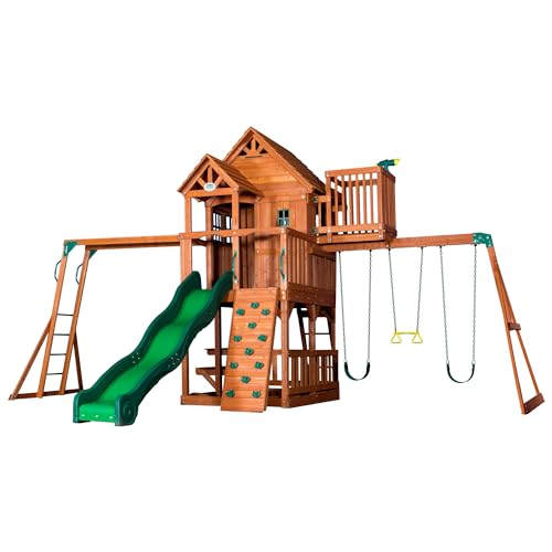 Backyard Discovery, Skyfort II Playground Cedar Wood Swing Set with Playhouse Fort, Sandbox, Picnic Table, Slide, Monkey Bars, Swings, Rock Climber, Outdoor Playset for kids Age 3-10 years