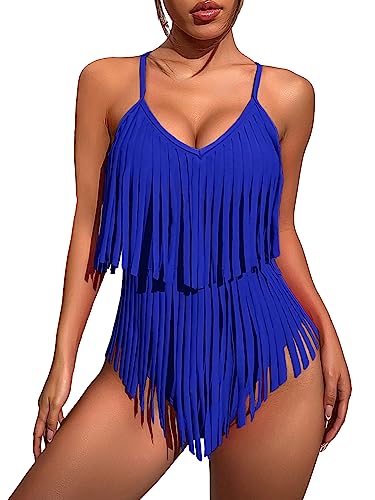 WDIRARA Women's Fringe Trim Swimwear Spaghetti Strap Sleeveless One Piece Swimsuit Royal Blue M