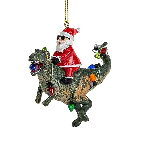 Santa Claus Riding a T Rex Dinosauer Wrapped in Lights Christmas Ornament for Kids