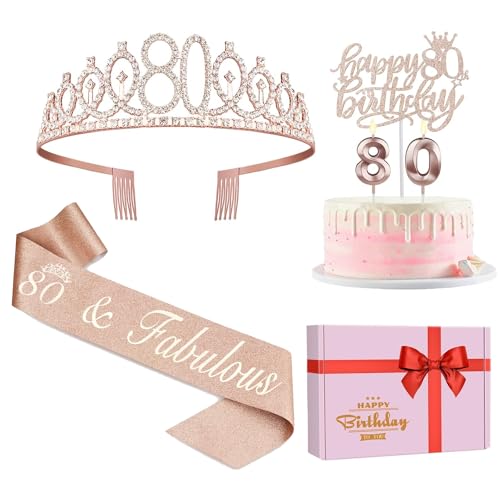 80th Birthday Decorations for Women, 80th Birthday Sash, Crown/Tiara, Candles, Cake Toppers, 80th Birthday Gifts for Women, 80 Birthday Decorations for Women, 80 Birthday Party Decorations