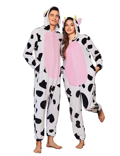 Ekouaer Unisex Adult Onesie Animal Halloween Costumes One Piece Fleece Cosplay Pajamas Sleepwear Homewear Cow M