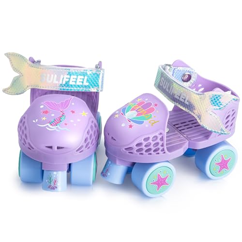 SULIFEEL Kids Adjustable Quad Roller Skates,Toddler Beginner Roller Skates for Gilrs and Boys Age 2-5 Years Old Mermaid Purple