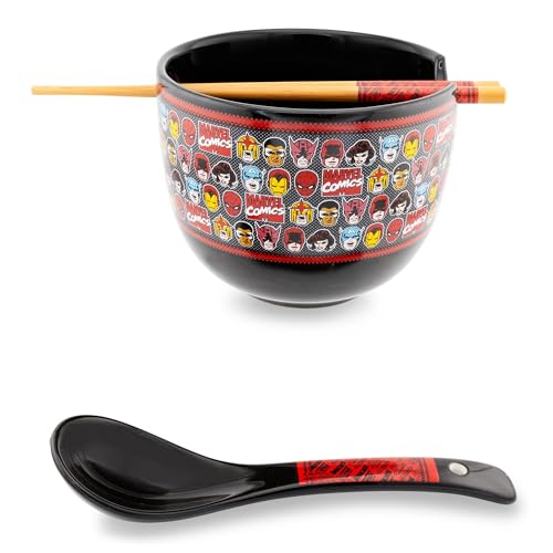 Marvel Comics Superheroes Ceramic Ramen Dinnerware Set | Includes 20-Ounce Noodle Bowl, Wooden Chopsticks, and Spoon