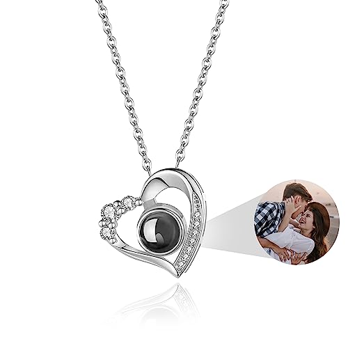 Easycosy Personalized Picture Necklace Projection Necklace with Photo Inside - Custom Photo Heart Pendant Necklace - Christmas Love Memorial Gifts for Girlfriend Wife Birthday Anniversary(Sliver)