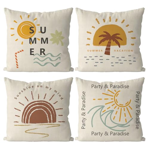 GAGEC Summer Pillow Covers 18x18 Inch Set of 4 Boho Style Throw Pillow Covers Summer Farmhouse Cushion Case Decor for Sofa Couch