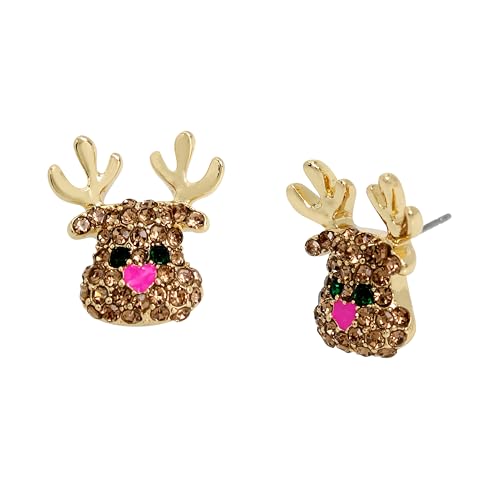 Betsey Johnson Womens Jingle Bell Bling Christmas Reindeer Stud Earrings