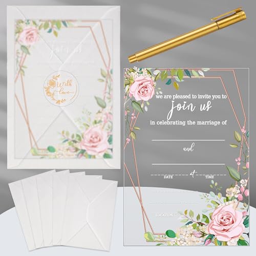 Harloon 25 Set Acrylic Wedding Invitation Kit with Envelopes Bonus Stickers Marker Acrylic Elegant Florals Themed Invitations Gold Foil Print Design for Bridal Shower Anniversary Party Engagement