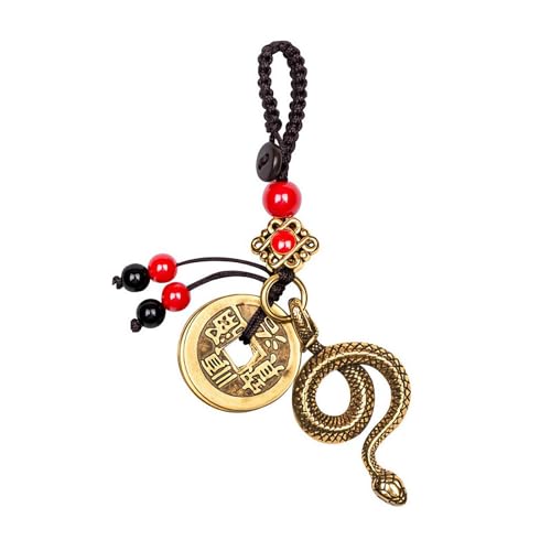 Brass Chinese Zodiac Snake Statue Keychain with 5 Feng Shui Coins, 2025 Zodiac Animal Charm Lucky Snake Key Ring (with Coins)