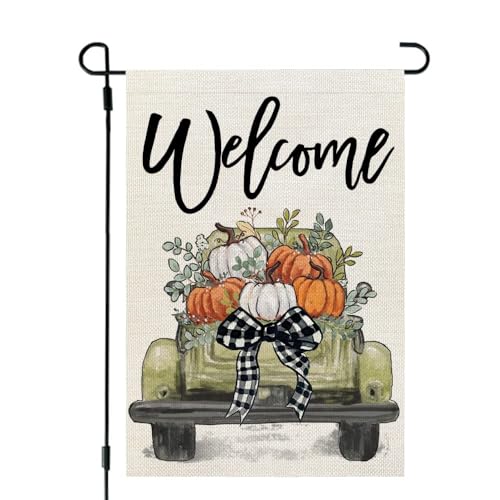 CROWNED BEAUTY Fall Garden Flag 12x18 Inch Double Sided for Outside Burlap Pumpkin Truck Small Seasonal Autumn Yard Decoration