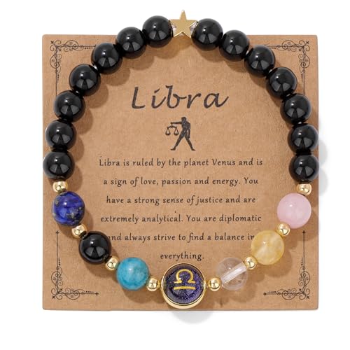 GolbalJew Libra Zodiac Bracelets Healing Crystal 12 Constellations Protection Stone Beads Bracelet for Women Birthday Zodiac Gifts Horoscope Spiritual Jewelry