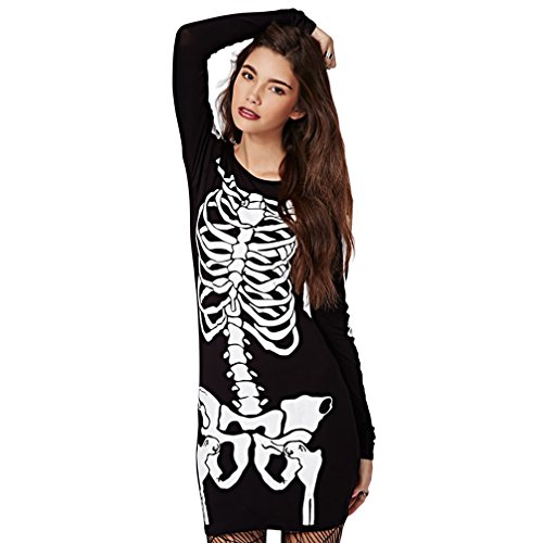 RieKet Women's Halloween Costume Skeleton Dress Long Sleeves Stretchy Short Mini Dress (S, Black)