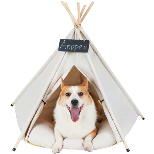 ANPPEX Dog Teepee,28in Pet Tent Teepee with Thick Cushion,Washable Cat Tent Teepee Dog Bed House,L Size for Medium and Small Dogs,White