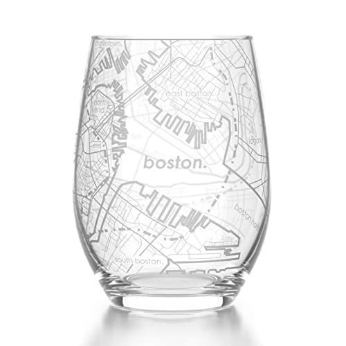 Well Told Engraved Boston Massachusetts Map Stemless Wine Glass, Etched Wine Glass (15 oz, Clear) City Map Wine Glass, Custom Wine Glass, Gifts for Wine Lovers