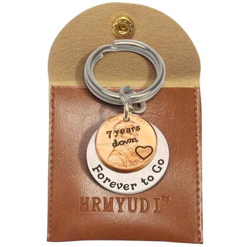 HRMYUDI Copper Gifts for 7th Anniversary, 7 Years Anniversary Copper Gift Coin Keychain with a 2017 Penny, 7 Years Down and Forever To Go Keyring, Anniversary Present for Man Woman