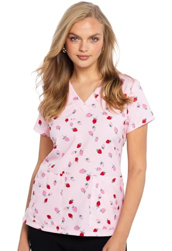 Med Couture Prints Women Scrubs Top V-Neck Print MC8564, M, Strawberry Sweet