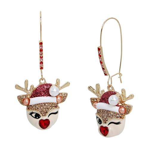 Betsey Johnson Womens Jingle Bell Bling Christmas Reindeer Dangle Earrings