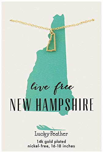 Lucky Feather New Hampshire Shaped State Necklace, 14K Gold-Dipped Pendant on Adjustable 16”-18” Chain