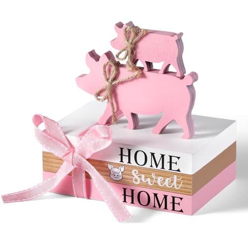 Geetery 5 Pcs Wood Farm Decor Farmhouse Sign Farm Home Tiered Tray Decor Rustic Mini Wood Book Stacks Table Decorations for Home Living Room Table Sign (Pig)