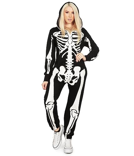 Tipsy Elves Halloween Skeleton Costume for Women - Comfy Easy Adult Onesie Jumpsuit - Front and Back Print with Zip Up Mask - Women's White Skeleton Jumpsuit Halloween Costume Size Small