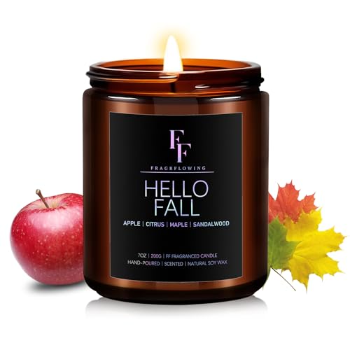 Fall Candles, Hello Fall Scented Candles for Home, Natural Soy Autumn Candle Aromatherapy Candle, 7 oz Jar Candles Fall Gifts for Women Men