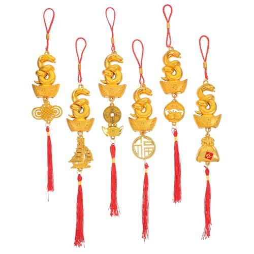 Ciieeo 6pcs Chinese New Year Snake Ornaments 2025 Year Lucky Charms Red Hanging Tassels Fengshui Decor Good Luck Charms Chinese Knot Decoration for Bonsai Wealth Fortune Success Car