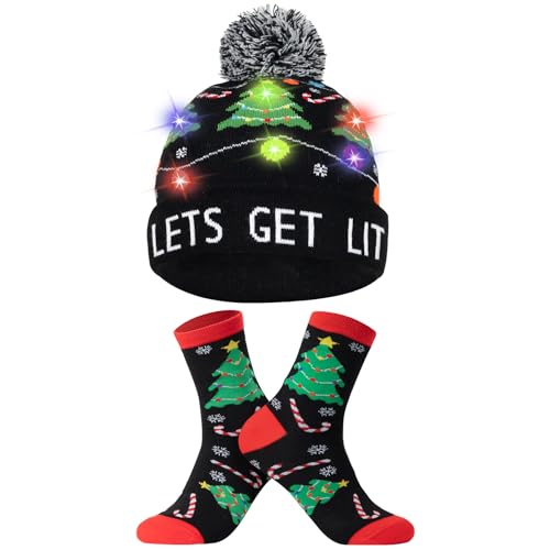 Coneatness Light Up Beanie Christmas Winter Hat and Novelty Funny Socks, Holiday Gifts for Men Women Teens