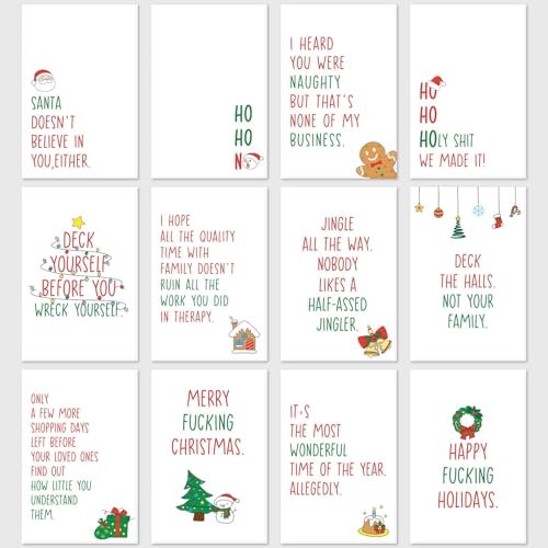 Funny Christmas Cards Bulk Boxed with Envelopes, Set of 24, 12 Assorted Designs Christmas Cards, Humorous Xmas Holiday Cards Set