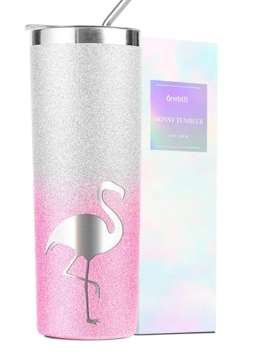 Onebttl Flamingo Skinny Glitter Tumbler Gifts For Women, Female, Her and Flamingo lovers - 20oz/590ml Stainless Steel Insulated Tumbler with Straw, Lid, Message Card - (Pink Sliver Gradient)