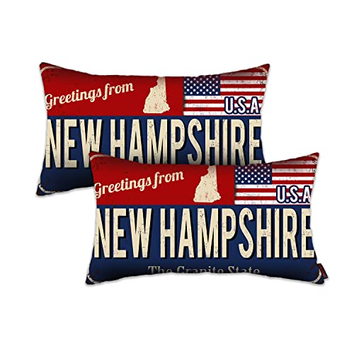 New Hampshire Throw Pillow Cover 12x20 Set 2, New Hampshire Decor Gift Souvenir, American Flag License Plate Lumbar Pillowcase, Greetings from The Granite State(NH, USA) - Cushion Case Sham, No Insert