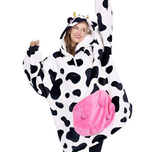 Giggling Getup Cow Wearable Blanket Hoodie - Oversized Soft Sherpa Fleece Hooded Blanket - Warm Cozy Plush Flannel Blanket Sweatshirt Gifts - with Giant Pocket and Sleeves for Adults Women Men