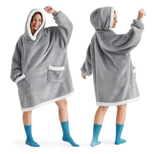 Bedsure Wearable Blanket Hoodie for Adult & Kids - Sherpa Blanket Hoodie as Gifts for Mom Women, Cozy Sweatshirt Blanket, Grey, Standard