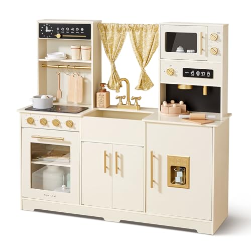 Tiny Land Play Kitchen for Kids, Toy Kitchen Set with Plenty of Play Features, New Modern Kids Wooden Play Kitchen Designed in Trendy Home Style with Curtains, Gift for Ages 3+