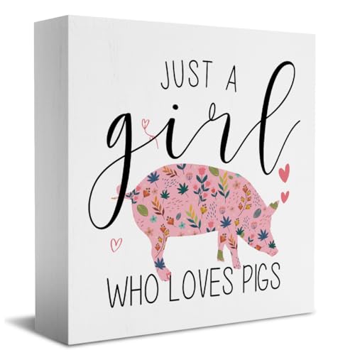 Funny Pig Sign Pig Gifts Desk Decor Wooden Box Sign Pig Decor Wood Block Plaque Box Sign for Pig Lovers Women Girls Room Birthday Bedroom Bathroom Shelf Table Decoration Just A Girl Who Loves Pigs