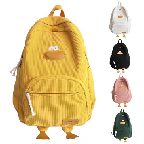 TJJII Duck Cute Backpack, Large Capacity Cute Funny Aesthetic Kawaii Corduroy Mochila (Yellow)