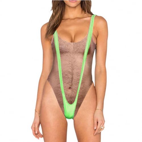 Deresagrl One Piece Swimsuits for Women Hairy Chest Bathing Suit Funny Novelty Fake Muscles Beachwear Borat Swimsuit Green