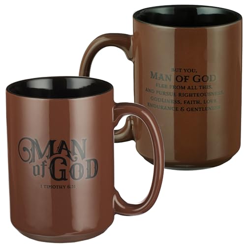 Christian Art Gifts Brown Ceramic Coffee Mug – 14 oz. Microwave and Dishwasher-safe Inspirational Scripture Coffee and Tea Mug for Men, Dads, and Pastors with Bible Verse: Man of God – 1 Timothy 6:11