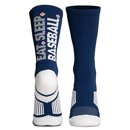 ChalkTalkSPORTS Baseball Performance Crew Socks - Eat Sleep Baseball - Navy - Baseball Mid-Calf Socks - Youth