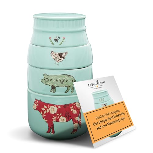 Pavilion 'Live Simply Bee, Chicken, Pig, and Cow' - 4-Piece Stoneware Measuring Cups Set, Sturdy Farmhouse-Style Kitchenware for Home Baking, Cooking, Gifting - Teal, 8 Ounces