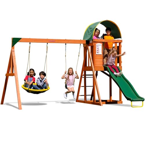 Sportspower Amelia Heavy Duty Wooden A-Frame Swing Set: Saucer + Adjustable Swing, 6ft Blow Molded Slide, Play Fort/Rock Climb Wall + Sandbox, EXCEEDS ASTM Safety Standards*Bonus Anchor Kit*