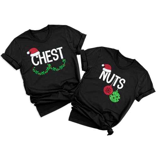 Chest and Nuts Christmas Shirts Xmas Couples Matching Outfits His and Her Holiday Short Sleeve Matching Sets