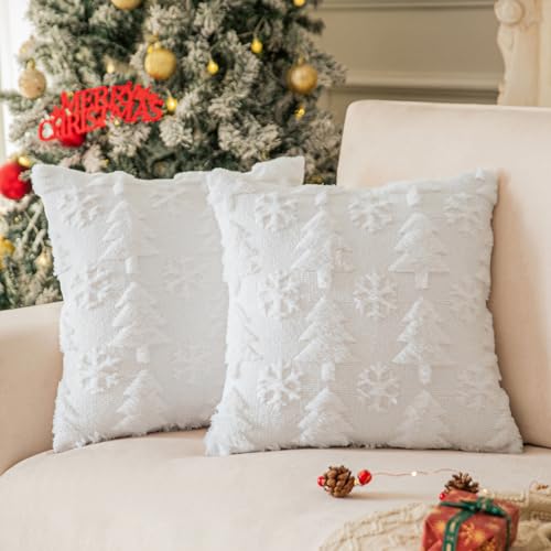 COSIBONO White Christmas Tree Pillow Covers 18x18 inches Set of 2, Snowflake Shaped Faux Fur Throw Pillow Covers for Couch, Winter Holiday Decorations, Farmhouse Soft Plush Pillowcases