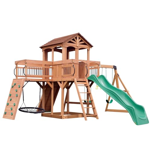 Backyard Discovery Sterling Point All Cedar Wooden Swing Set, Raised Clubhouse, Green Wave Slide, Web Swing, Climbing Wall, 10ft Wave Slide, 2 Belt Swings, Front Porch, Bridge