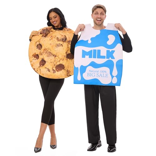 HPMNS 2Pcs Couples Halloween Costumes Funny 2024, Milk and Cookie Costume Adult Food Theme Halloween Costumes for Adult Women Men Dress Up Cosplay Parties-Adult One Size