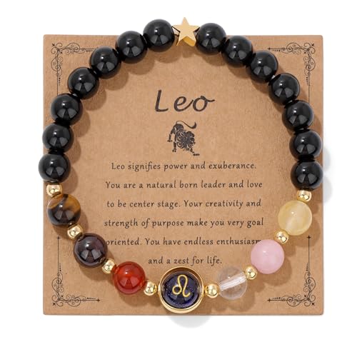 GolbalJew Leo Zodiac Bracelets Healing Crystal 12 Constellations Protection Stone Beads Bracelet for Women Birthday Zodiac Gifts Horoscope Spiritual Jewelry