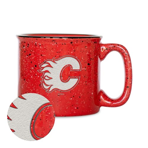 Rico Industries NHL Hockey Calgary Flames Red Speckle 12oz Laser Engraved Campfire Mug